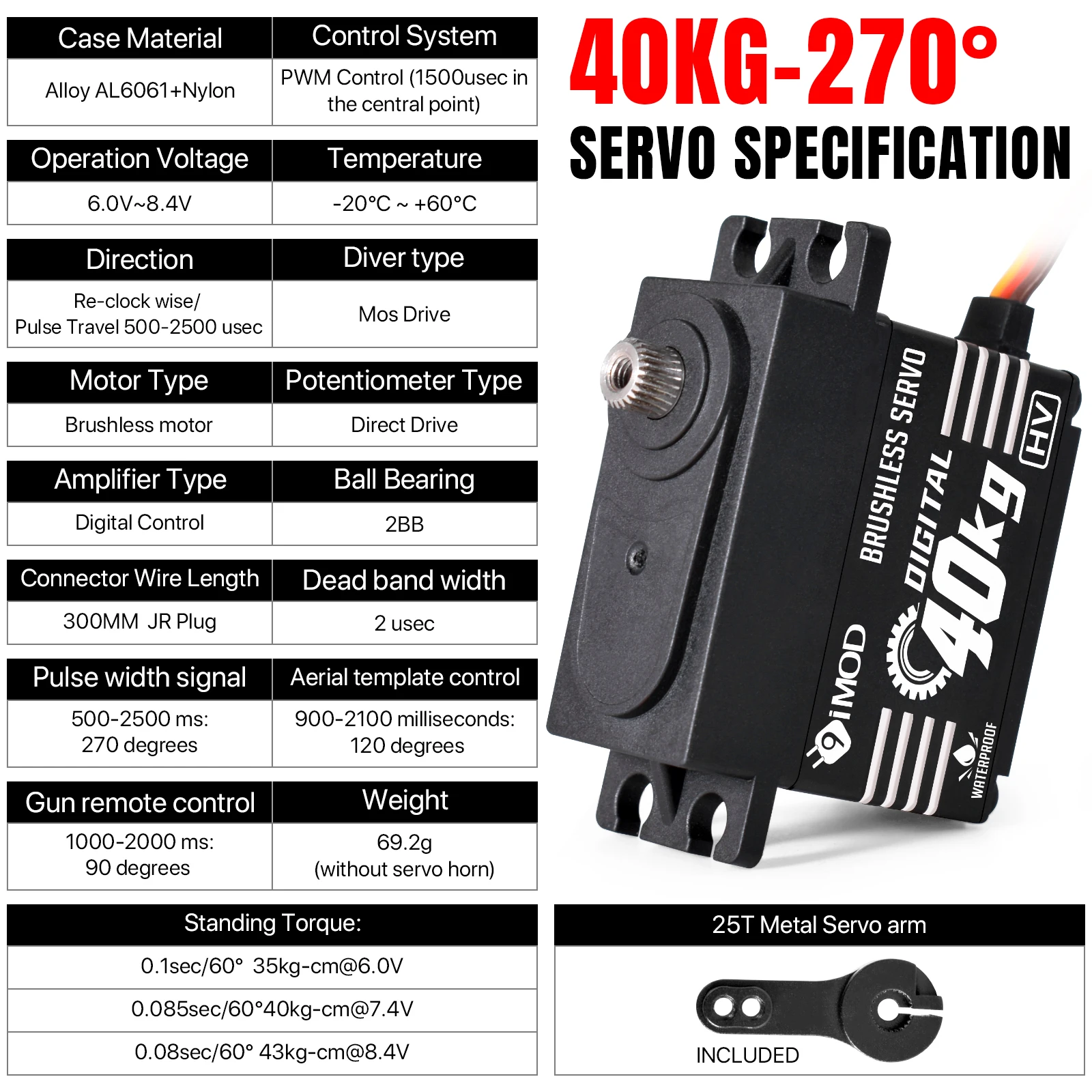 9imod Bürstenloses Servo Wasserdichtes digitales Metallgetriebe-Servo für 1/8 1/10 RC Crawler Car Boat – Detail 7