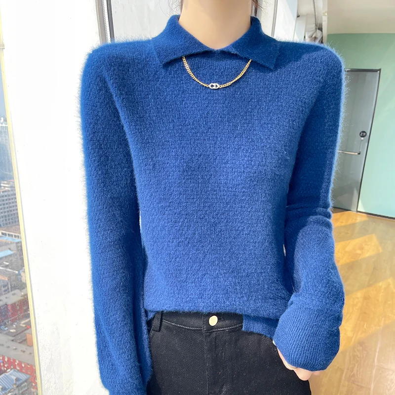 

Autumn Winter New Woolen Sweater Women's Polo Long Sleeve Pullover 100% Pure Wool Loose Waffle Solid Color Temperament Knitwear