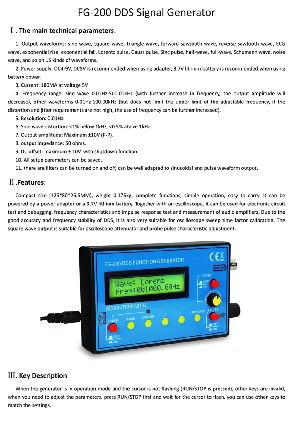 FG-200 DDS Function Signal Generator Frequency Counter 0.01Hz - 500KHz Signal Source Module Sine+Square+Sawtooth Waveform