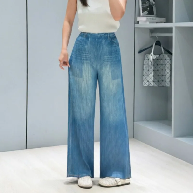 Miyake Pleated Pants 2026 New Fashion Simple Faux Denim Color Women's Elastic Waist Stretchy Draped Straight Pants with Pockets