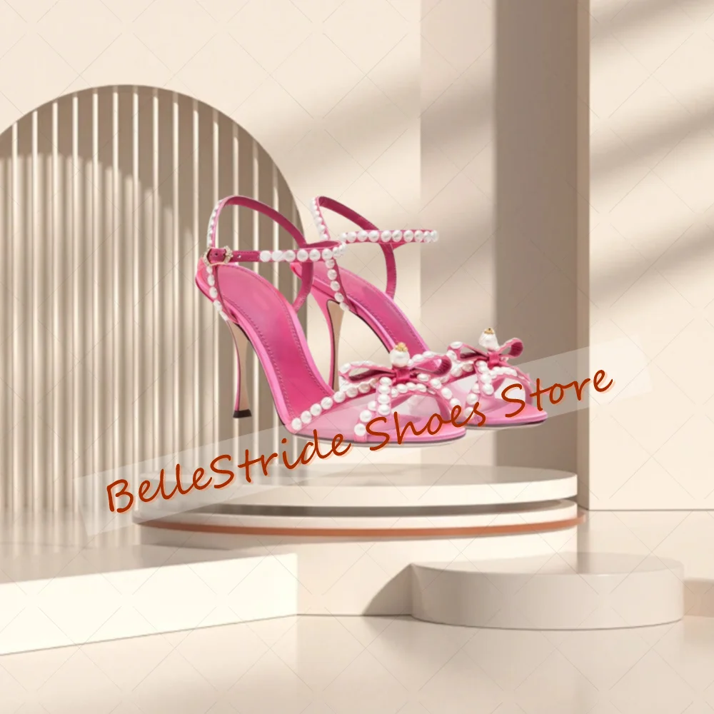 الوردي اللؤلؤ القوس عقدة ديكور الصنادل مشبك حزام أحذية النساء الخناجر عالية الكعب مأدبة الحفلات يؤرخ 2025 Zapatos Para Mujere
