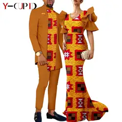 Vestidos longos de impressão africana para mulheres, roupas masculinas combinando, conjuntos de patchwork e calções, roupas africanas, festa, Y23C018