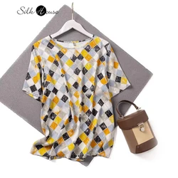 2024 Women's Summer Casual New 92.8% Natural Mulberry Silk Elastic Satin Halo Dyed Checkered Short Sleeve Round Neck T-shirt