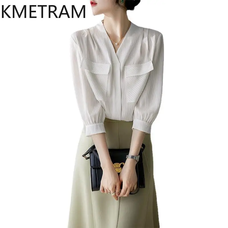 

KMETRAM White Striped Blouses for Woman Elegant V-Neck Office Shirt Casual Summer Ladies Tops 2026 Women Clothing блузка женская