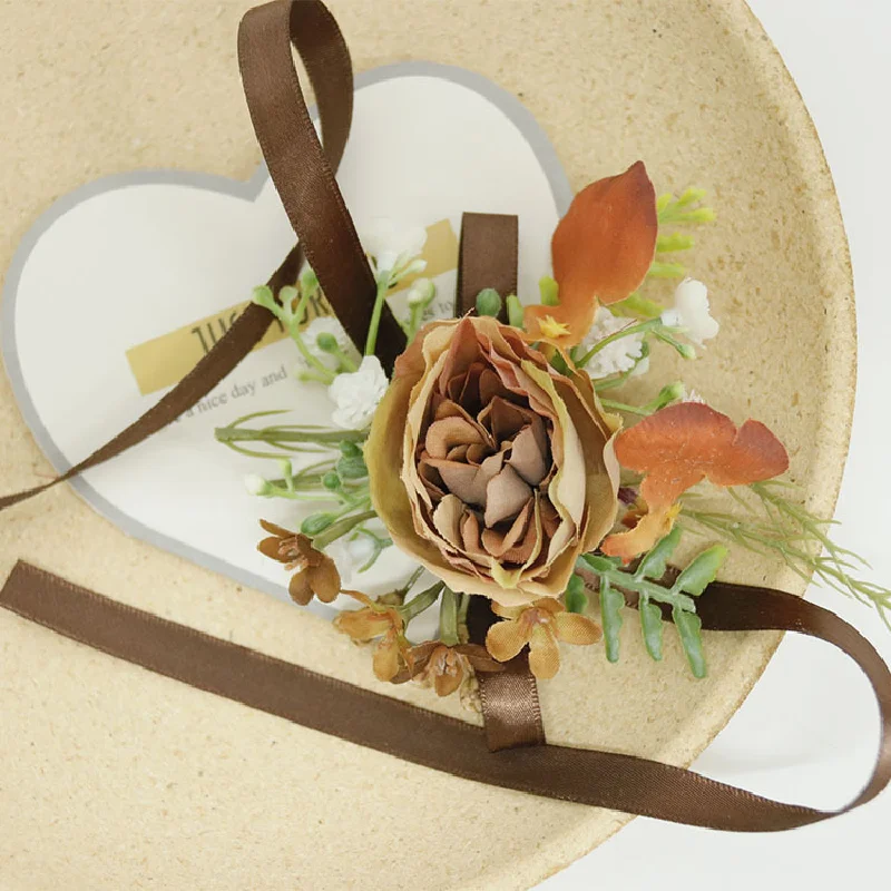 Boutonniere And Wrist Corsage Vintage Imitation Dried Flower Business Celebration Wedding Supplies Caramel 441