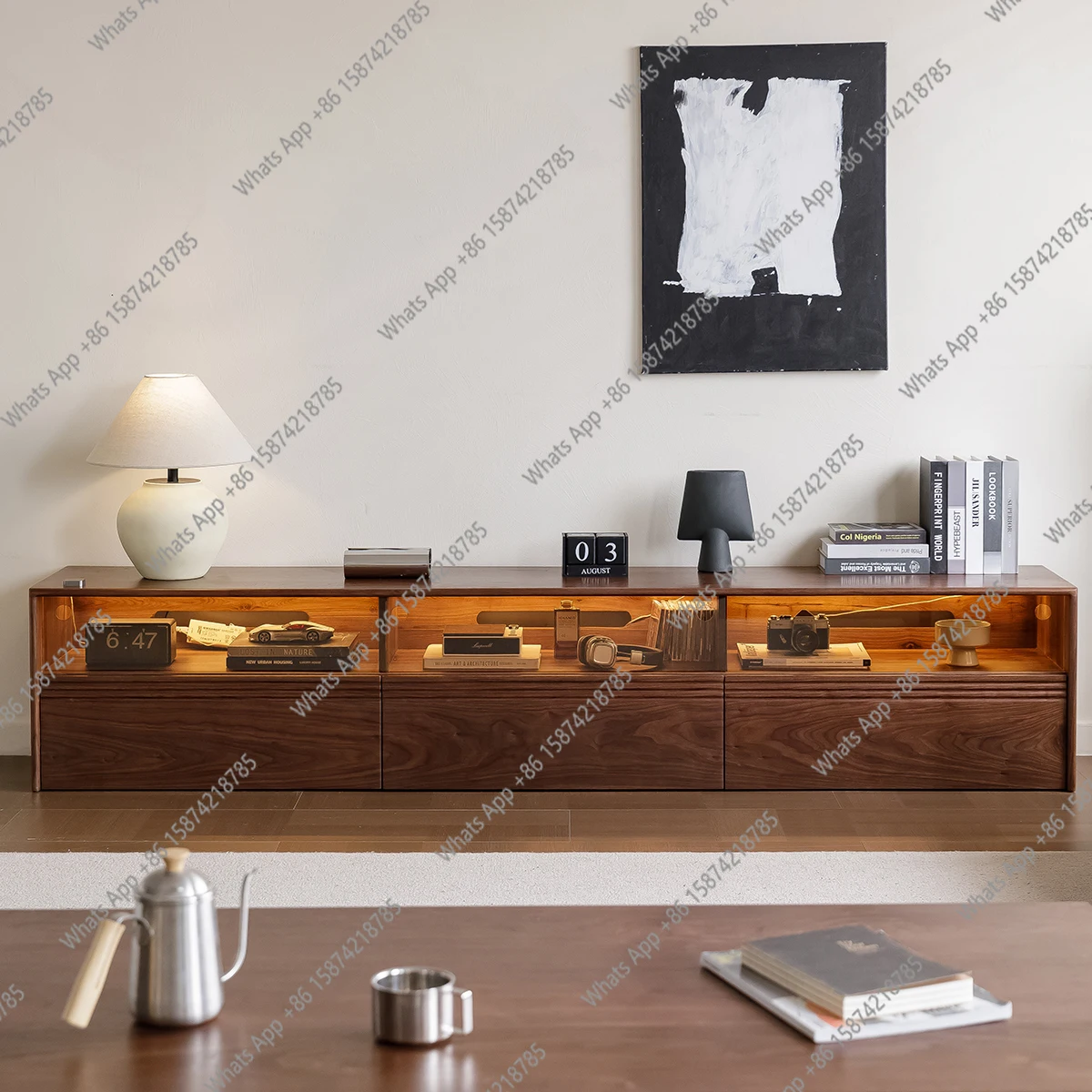 Full solid wood North American black walnut TV cabinet with ambient lighting modern storage floor to top living room baseboard