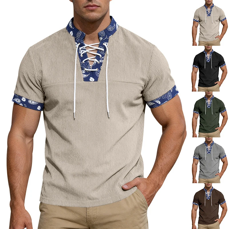 American Paisley Summer Men's Loose Amekaji Corduroy Medieval Style Henley Short Sleeve Wholesale