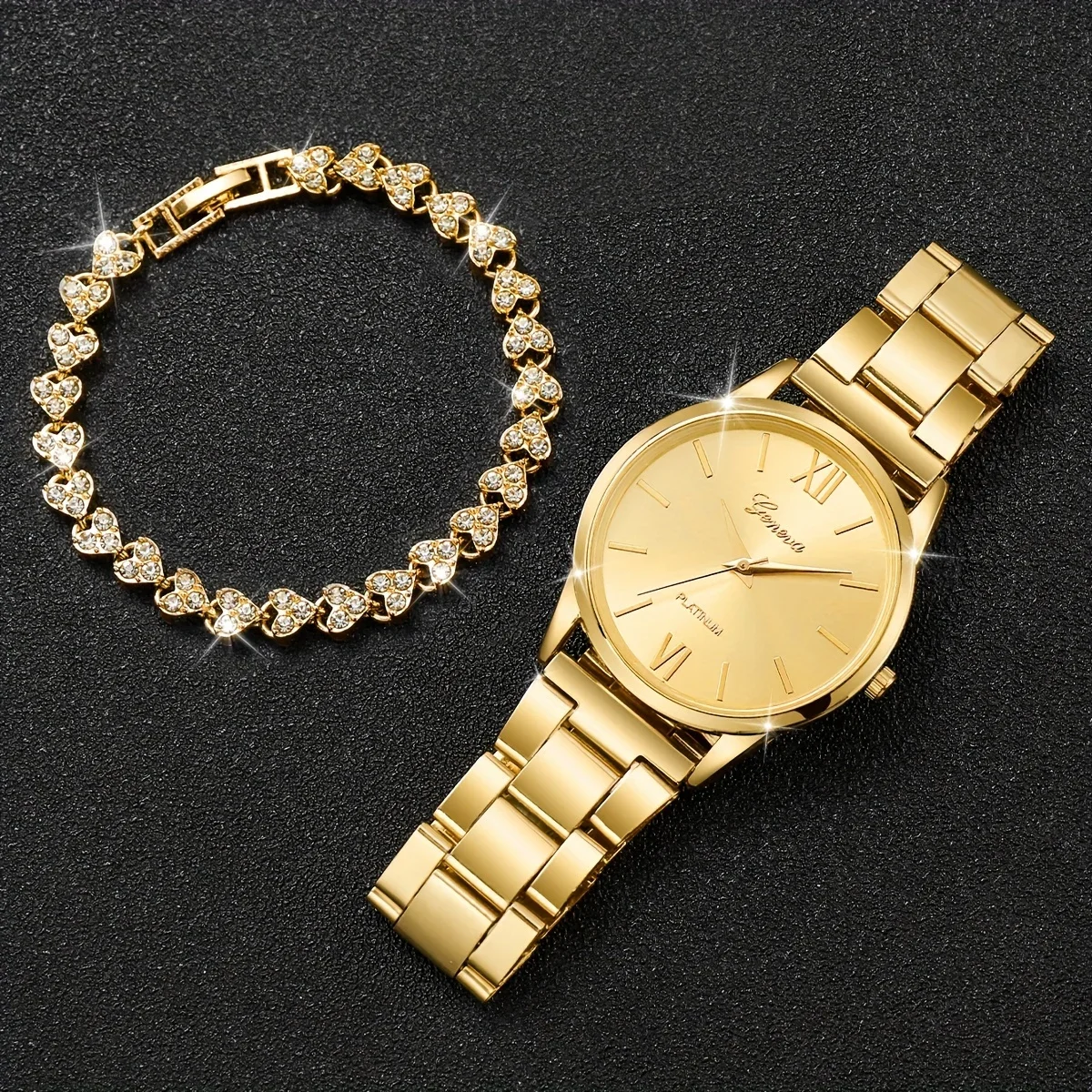 2pcs/set Golden Fashion Quartz Watch Business Minimalist Steel Band Wrist Watch & Bracelet, Gifts For Women Her image 3
