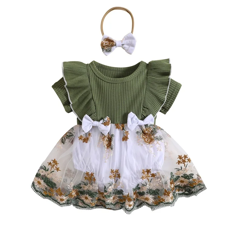 Pelele para bebé recién nacido, vestido de punto con bordado de flores, Rib con volantes, cuello redondo, mono de verano, Diadema con lazo