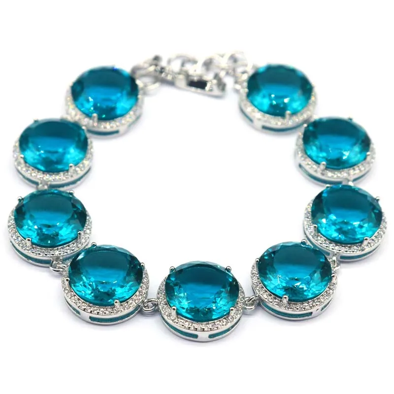 

15x15mm Eye Catching 25.4g Red Blood Ruby Aquamarine Green Tsavorite Garnet CZ Dating Silver Bracelet 7.5-8.5inch