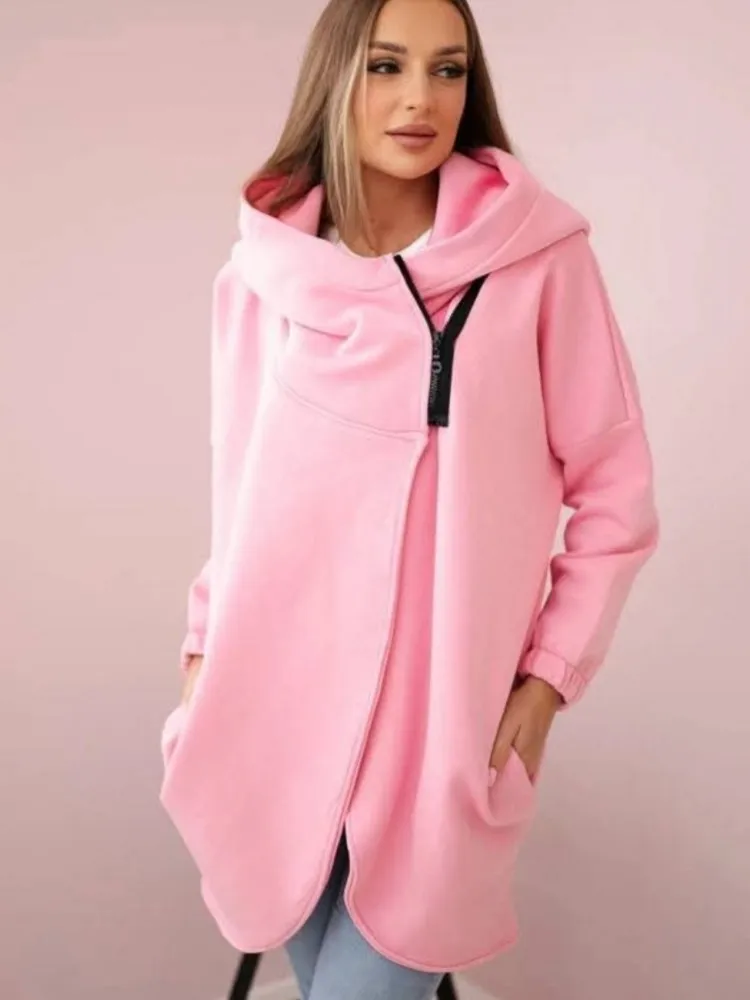 

Осенне-зимняя куртка для офиса, женская повседневная свободная толстовка с капюшоном, однотонное пальто с длинными рукавами, топы для женщин, новинка 2023 г.