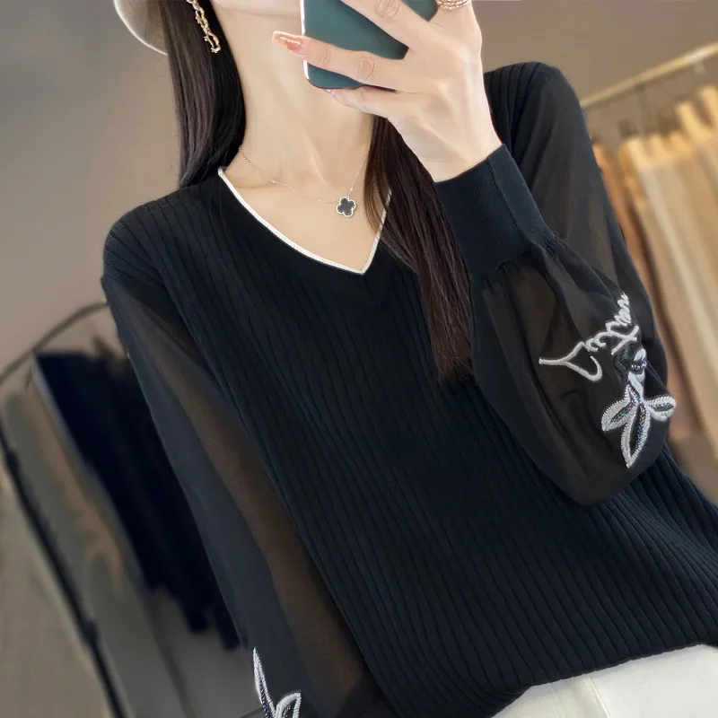 

Осенний новый овечий вязаный женский свитер с v-образным вырезом, однотонный, с вышивкой, полый, в западном стиле, утягивающий низ