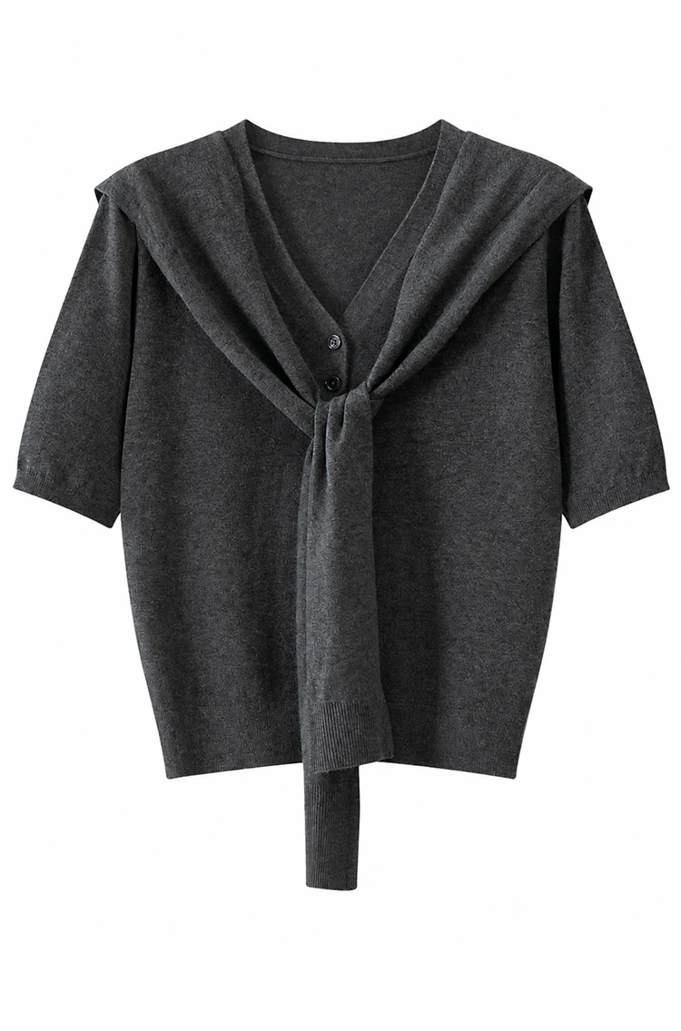MZ62082 Damen-Strickjacke mit Schalkragen, kurzen Ärmeln, V-Ausschnitt, weicher, einfarbiger Modal-Mischstoff, lässiger Pullover für den frühen Herbst – Detail 15