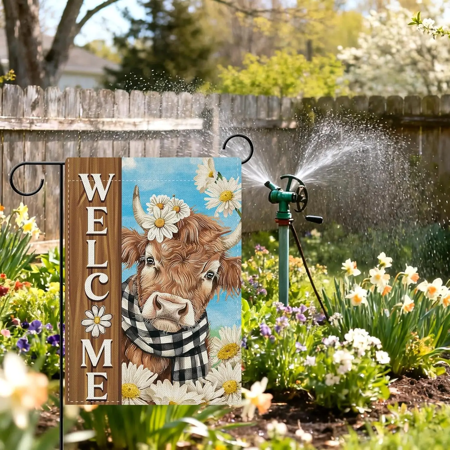 Dyrenson Welcome Spring Summer Highland Cow Decorative Garden Flag, Farm Animal Daisy Flower Yard Outside Home Decoration, F PPM