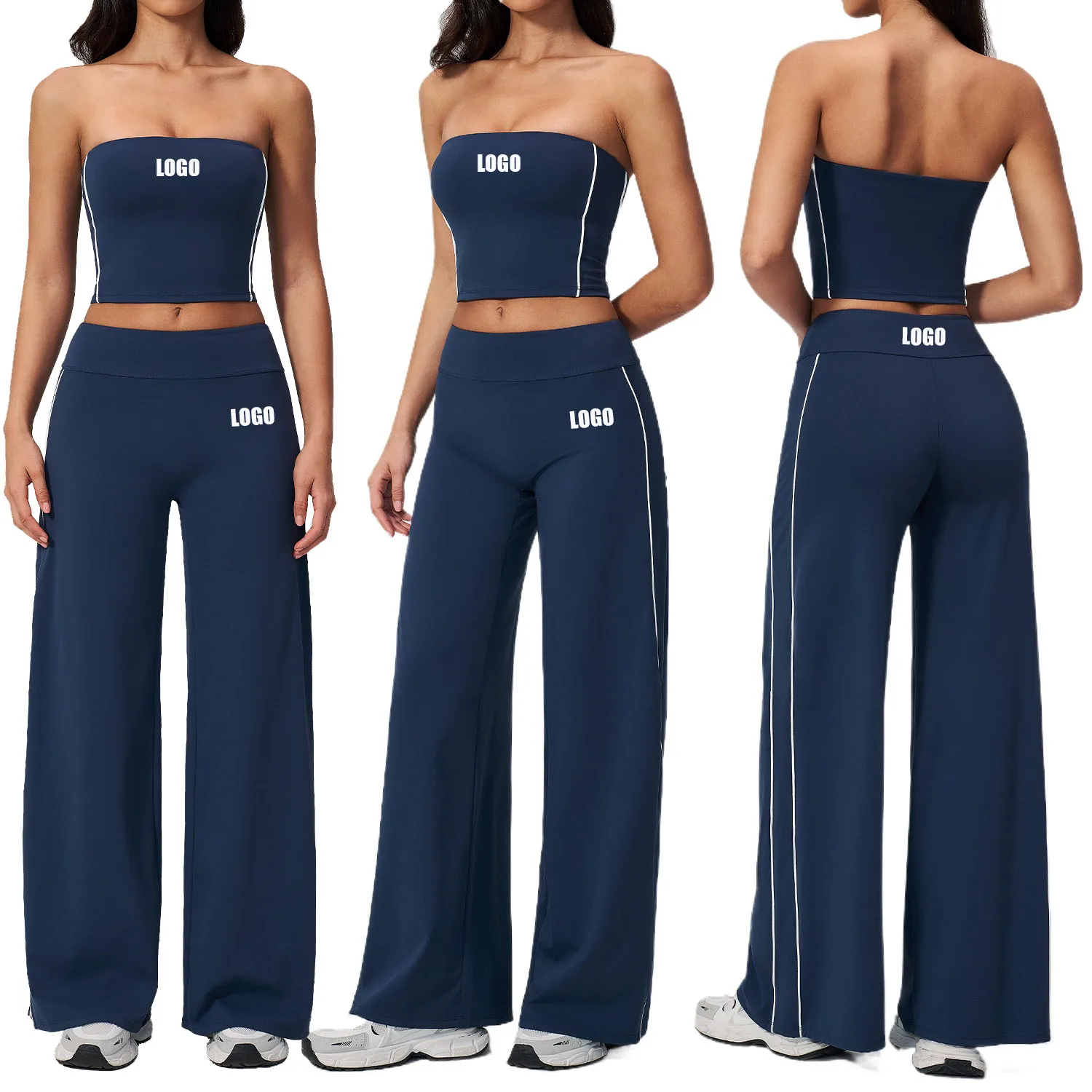 

Custom LOGO women's tube top with chest pad beautiful back sports fashion fitness wear wide leg pants two-piece set