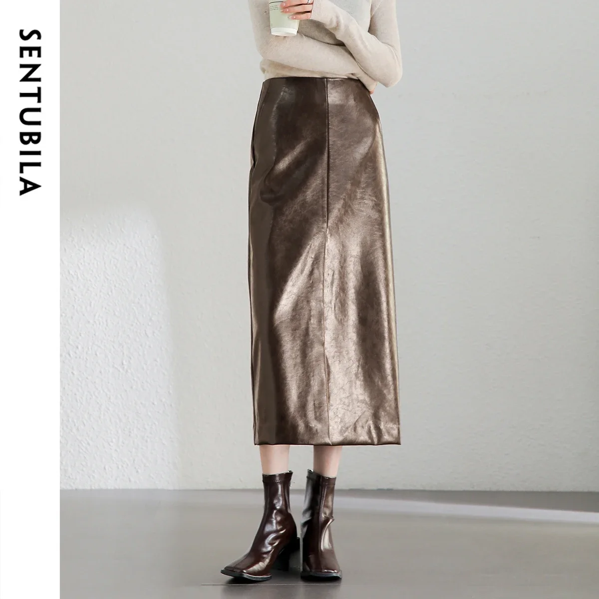 SENTUBILA Black Faux Leather Skirt for Women 2024 Winter Straight Slit-hem High Waist Split Midi Skirt Female Clothing 144Q56878