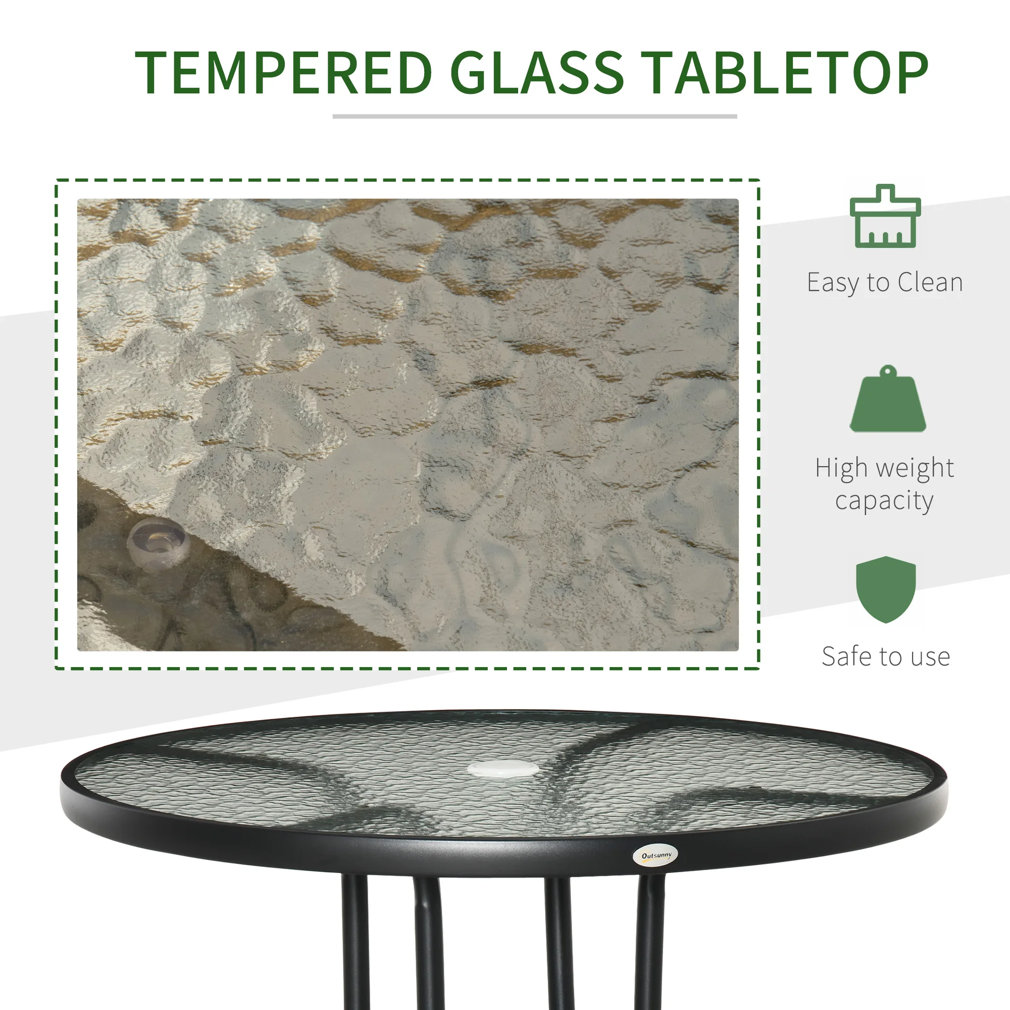 Outsunny Outdoor Round Dining Table Tempered Glass Top w/ Parasol Hole 80cm