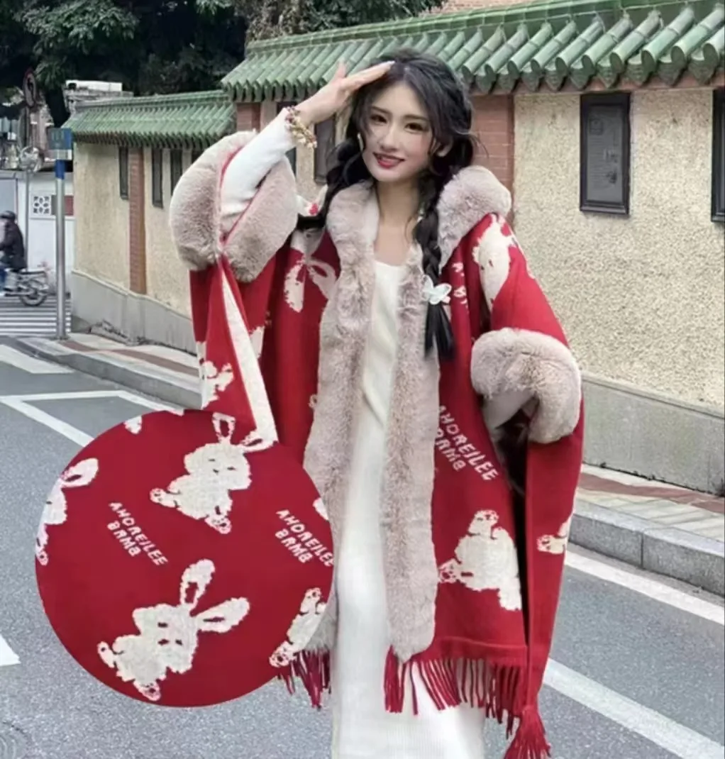 Japanese Korean Winter New Velvet Poncho Cape Faux Fur Neck Cloak With Hooded Hat Tassel Thicken Warm Loose Plaid Overcoat