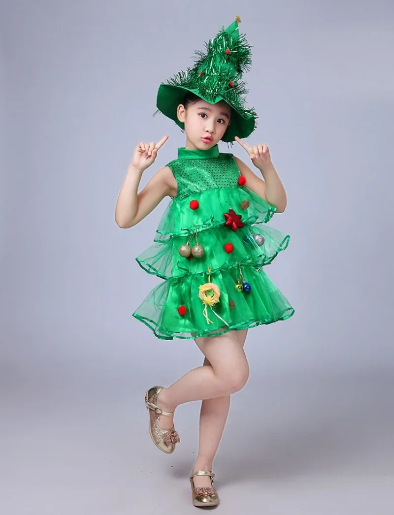 Mulheres meninas crianças crianças verde árvore de natal traje cosplay adereços chapéu elf vestidos extravagantes