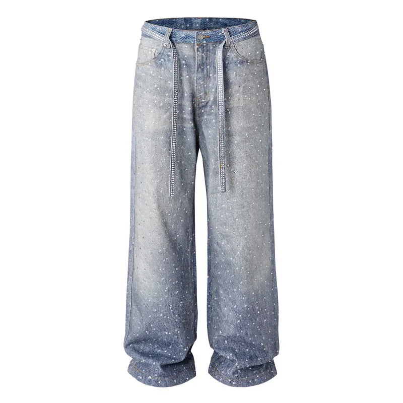 

Men Wide Leg Pants Jeans Vintage Loose Women Trousers Straight Denim Mid Waist Lace Up Diamonds Punk Gothic 2025 Streetwear