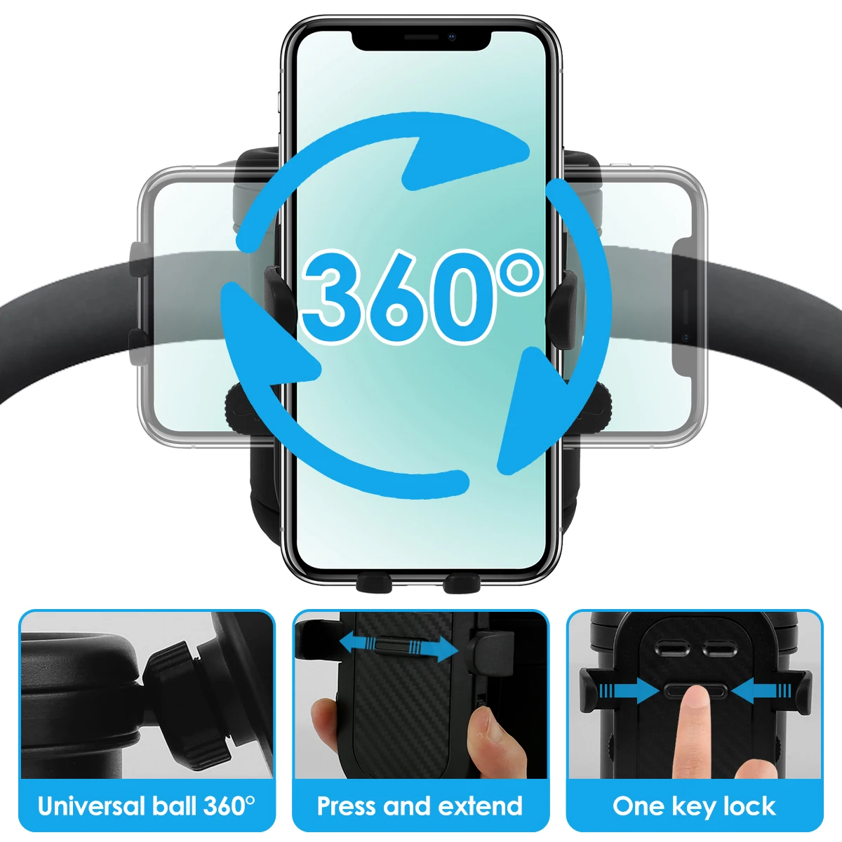 حامل أكواب لعربة الأطفال وحامل هاتف وحامل زجاجات كرسي يدفع باليدين عالمي 360 درجة °   حامل هاتف دوار بفتحة مزدوجة لسيارات الأطفال