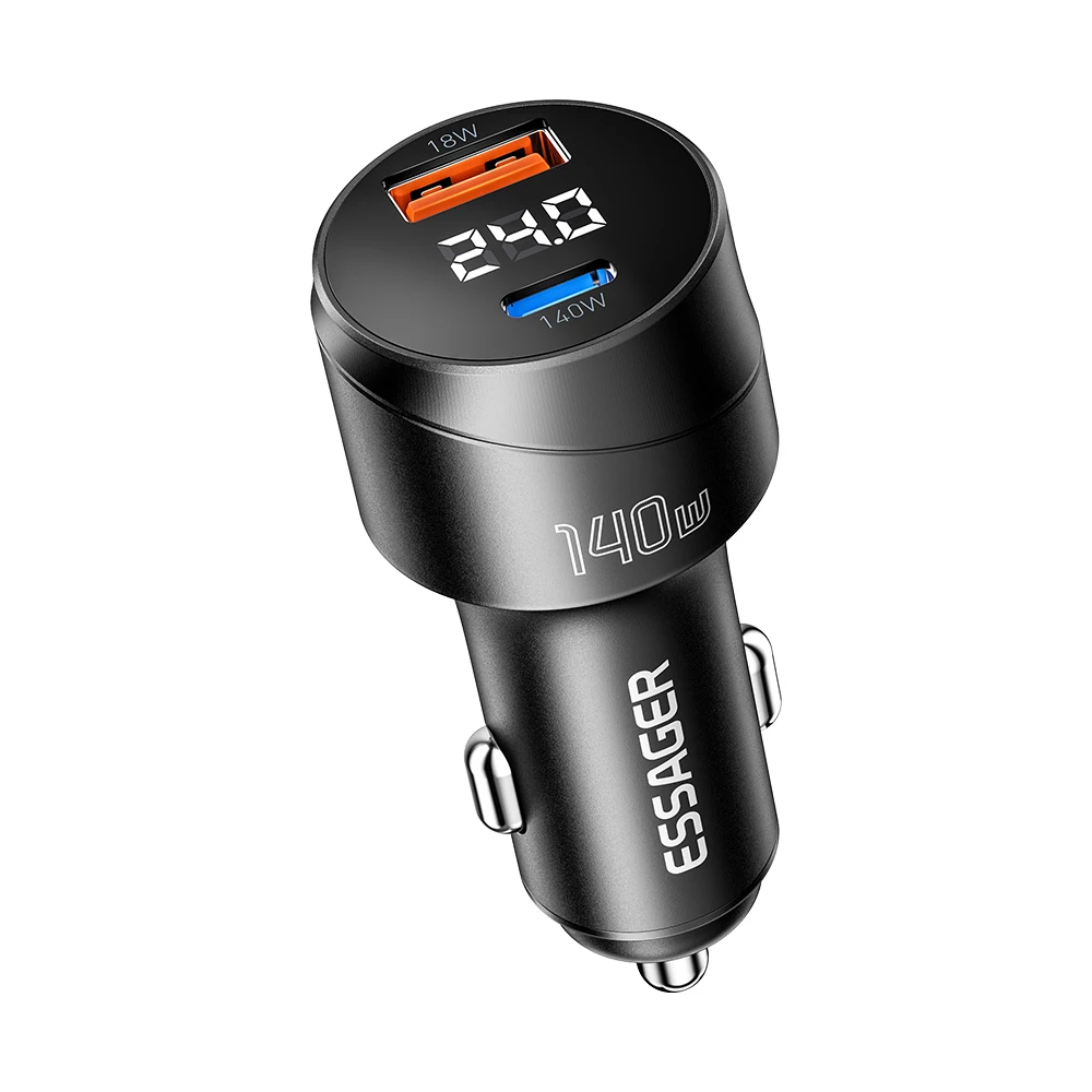 2026 ESSAGER ES-CC19 Digital Display QC3.0 PD3.0 PPS Dual Port 12V 24V 140W Type C USB Fast Charging Car Phone Charger