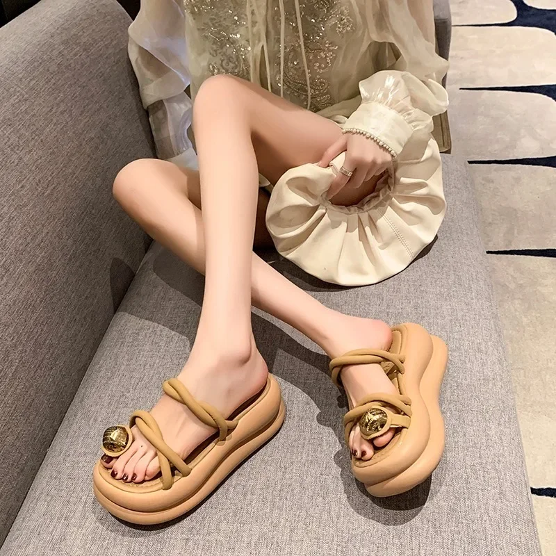 7CM Thick slippers  High Heels Women Sandals New Summer Square Toe Woman Casual Platform Sandals Women\'s Pumps Party Shoes 2024