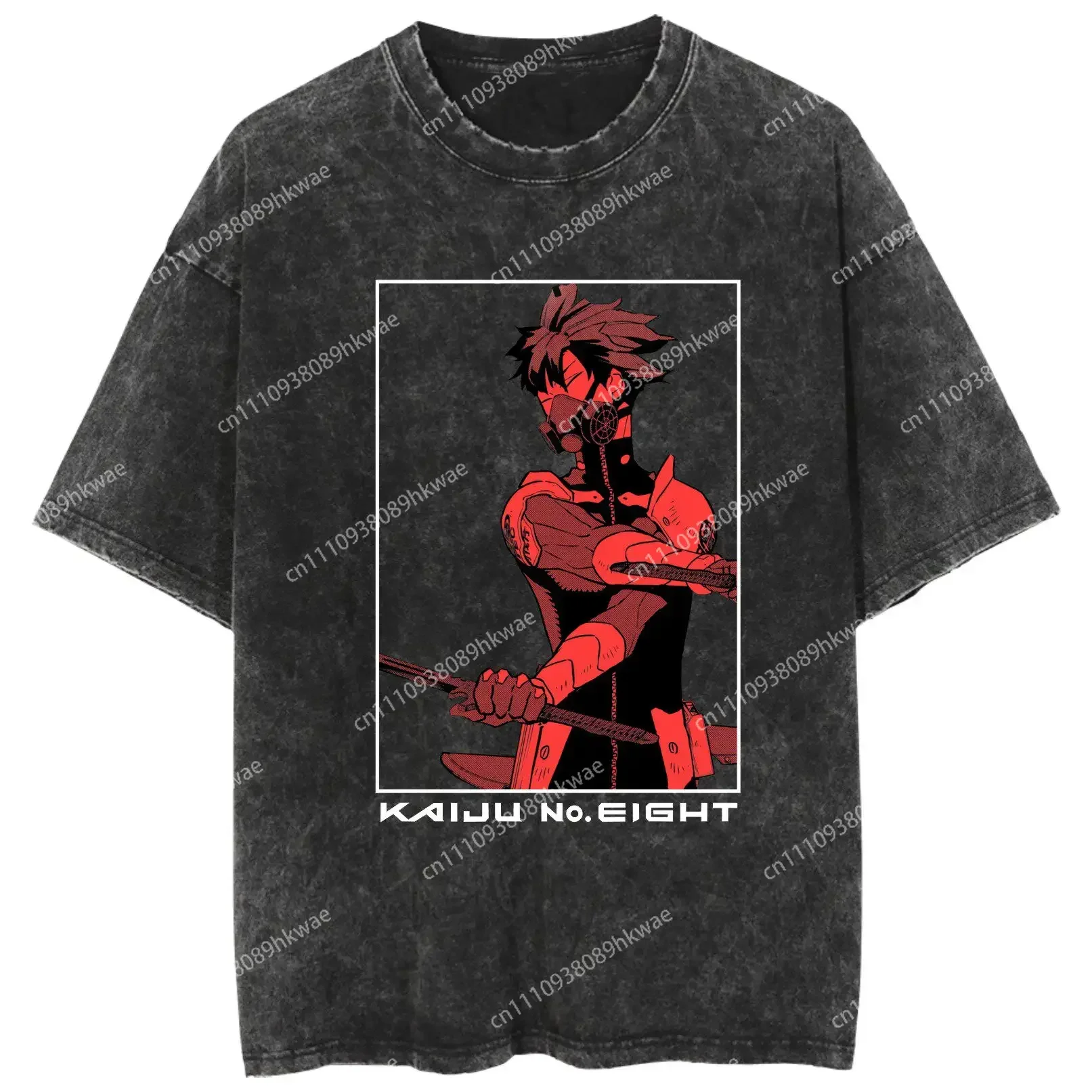 Kaiju No.8 Men Cotton T-shirt Streetwear Anime Graphic Washed Black Oversized Short Sleeve Casual Daily Wear Kaiju No.8