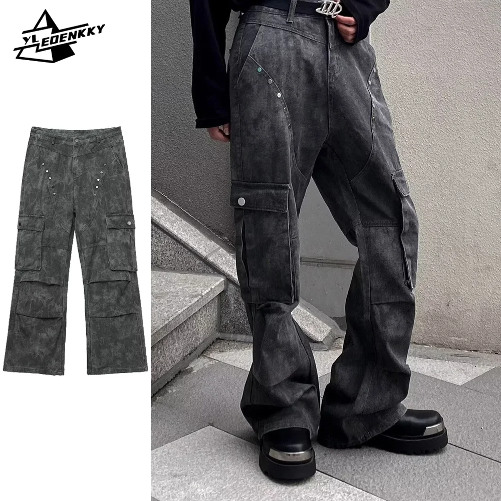 

Hip-hop Cargo Jeans Men Women Retro Construction Studded Straight-leg Trousers American High Street Mixed-color Flared Jeans New