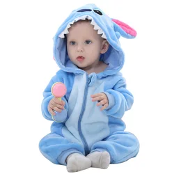 Disney Stitch body jednoczęściowy flanelowy kombinezon dziecięcy dla dzieci pajacyki jesienne i zimowe kombinezon z długim rękawem niemowlęcy kreskówkowy kombinezon