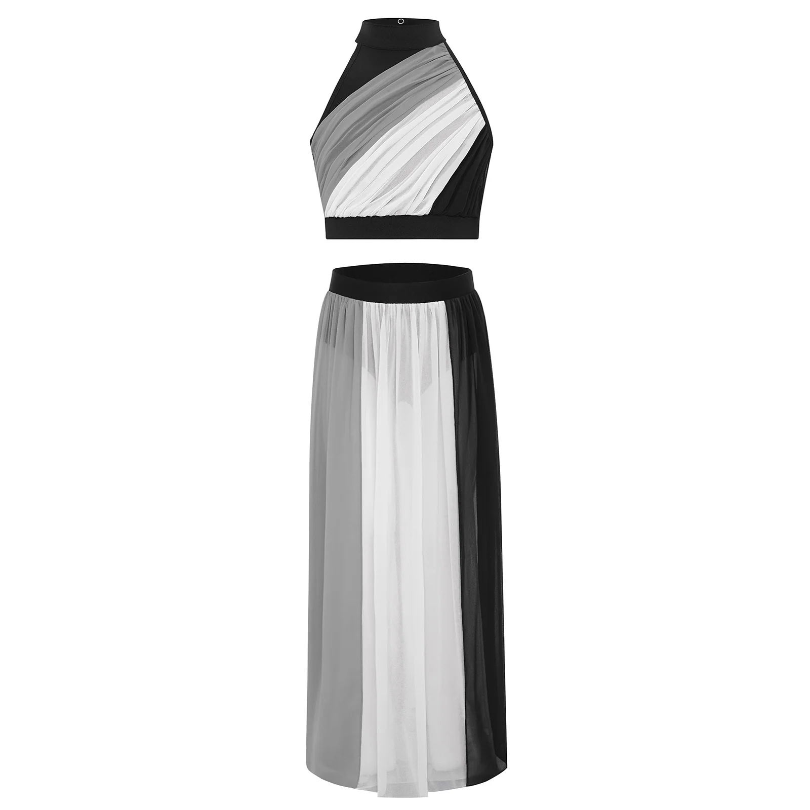 

Kids Girls Lyrical Dance Dress Set Sleeveless Color Block Ruched Front Keyhole Back Crop Top with Split Flowy Chiffon Skirt 2Pcs