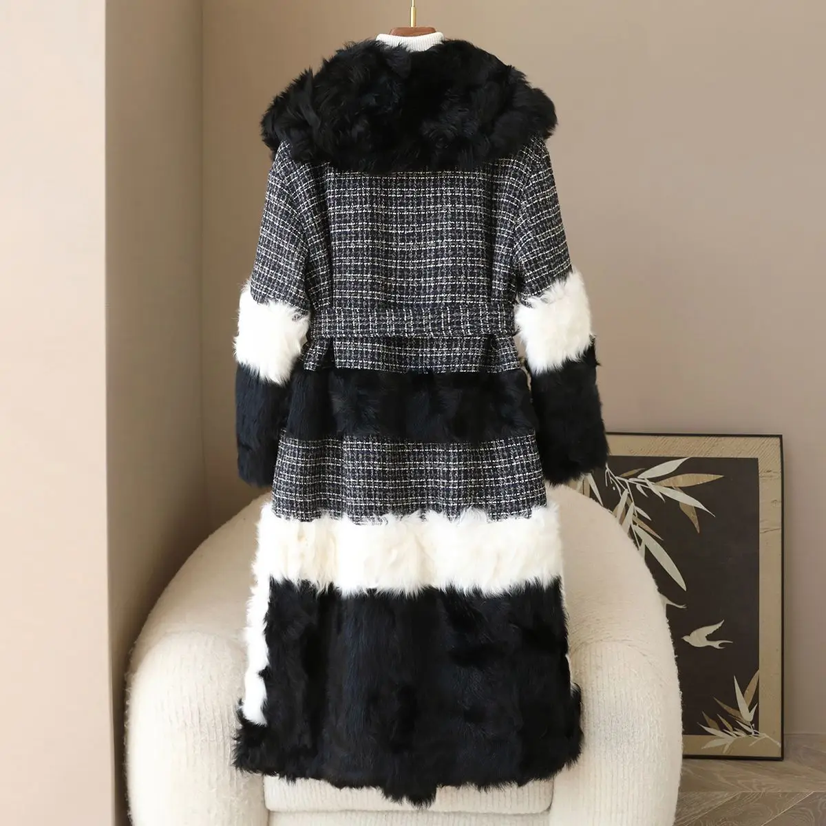 معطف جديد لربيع وخريف 2025 من صوف الضأن مقسم من الفرو مع حشوة داخلية من مخمل الإوزة لدفء المرأة #6