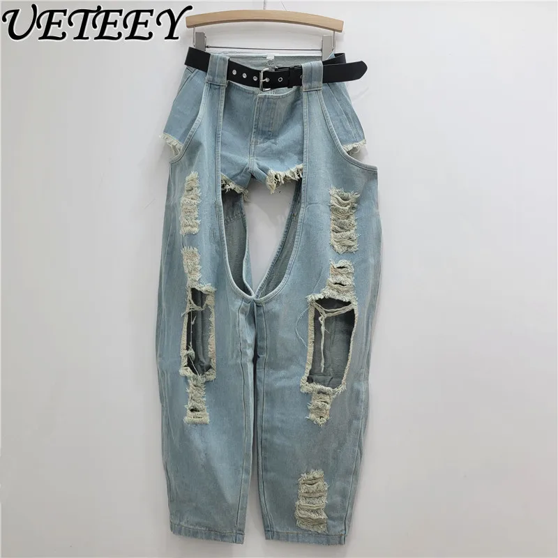 European Design Street Grinding Ripped Jeans Women's Fashion Belt Low Waist Denim Shorts Casual Pants Two-piece Set Y2k Trousers