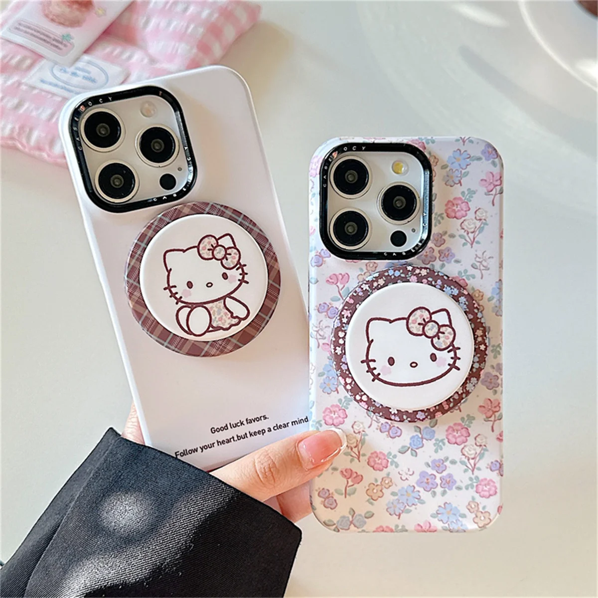 

Korean Cute Flower Magnetic Phone Case For iPhone 16 Pro 13 14 15 Pro Max Cover with Kitty Stand Holder Hard Cases for Magsafe
