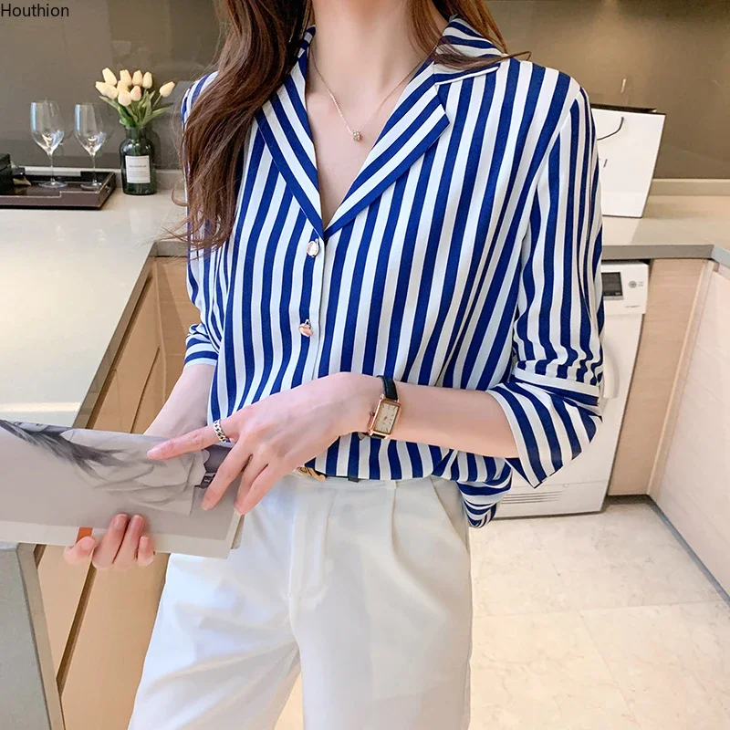 

Chiffon Slim Women's Blouses New Casual Blouse Fashion Three Quarter Top Stripe Buttons Polo Shirt Summer A49