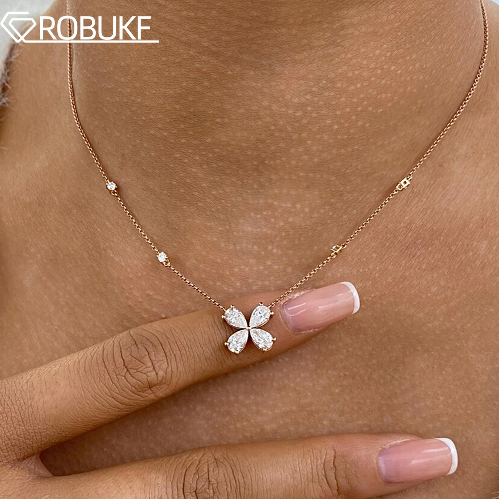 

Four-Leaf Clover Pendant Moissanite Necklaces for Women Round & Pear Cut Lab Grown Diamond Certified S925 Silver Birthday Gifts