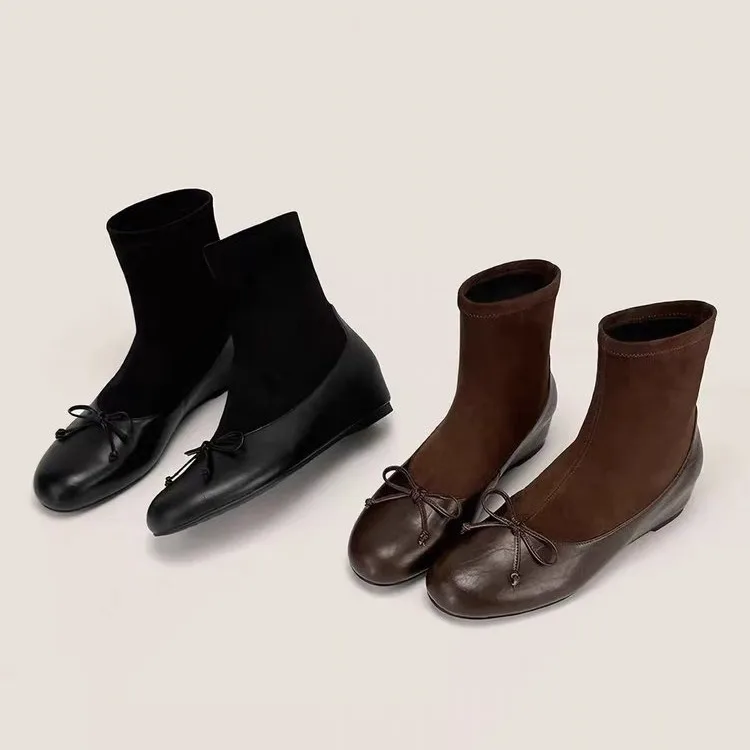 Korean Style Distressed Stitching Pleated Bow Mid Calf Stacked Boots Gentle Vintage Ballet Boots for Women