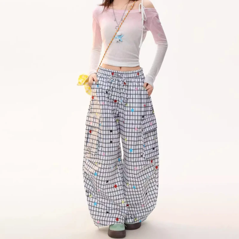 American Retro Plaid Multi-Pocket Women's Casual Pants Spring High-Waisted Colorful Star Versatile Floor-Length Trousers Ladies
