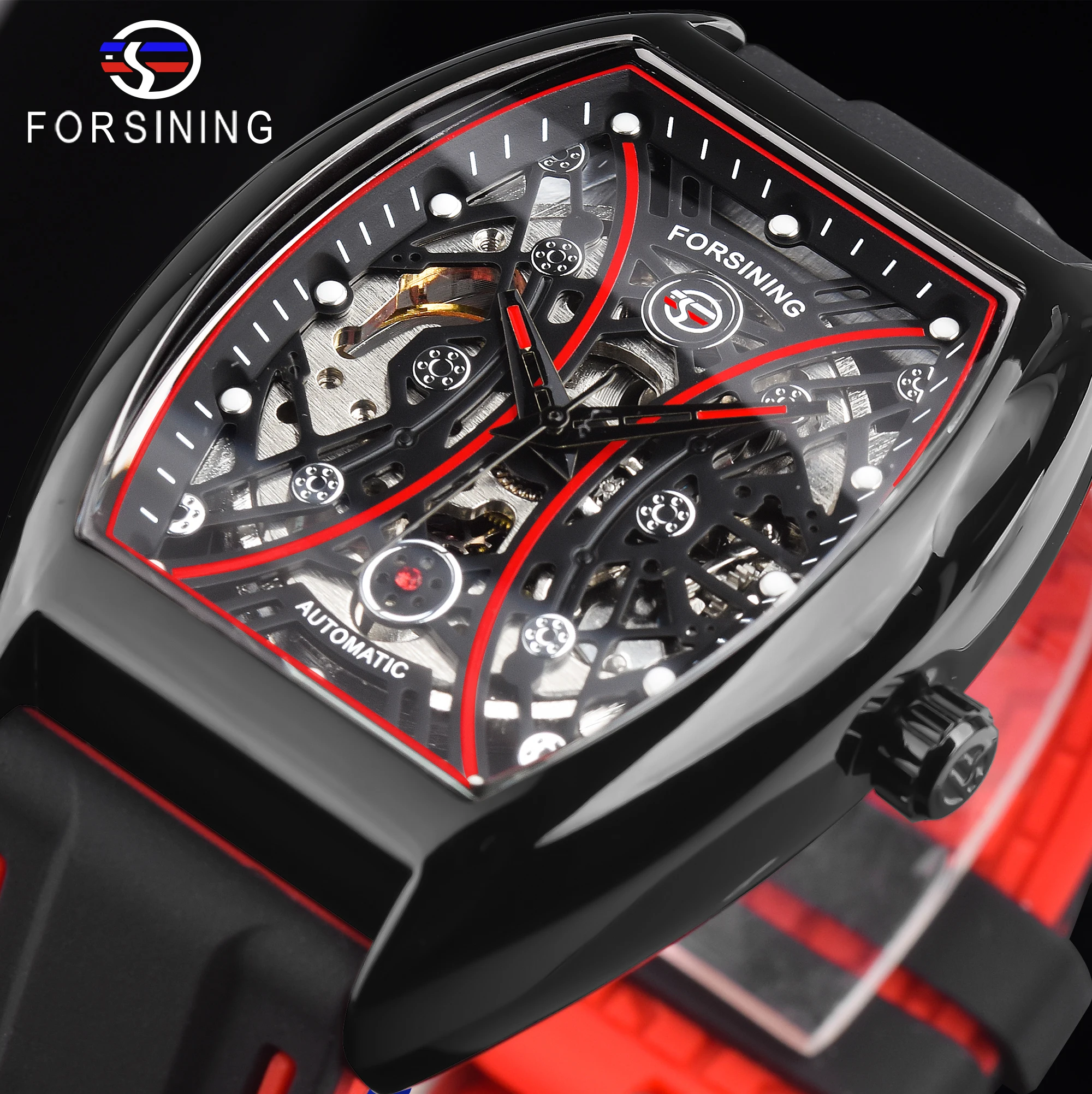 

Forsining Skeleton Self Winding Black Red Wristwatch Men's Mechanical Military Watch Rectangle Man Automatic Watches Male Clock