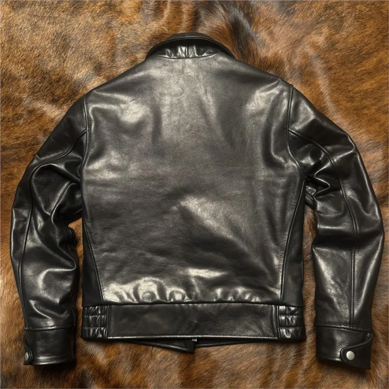 Full-grain wax-dyed calfskin mechanic leather men's short lapel style