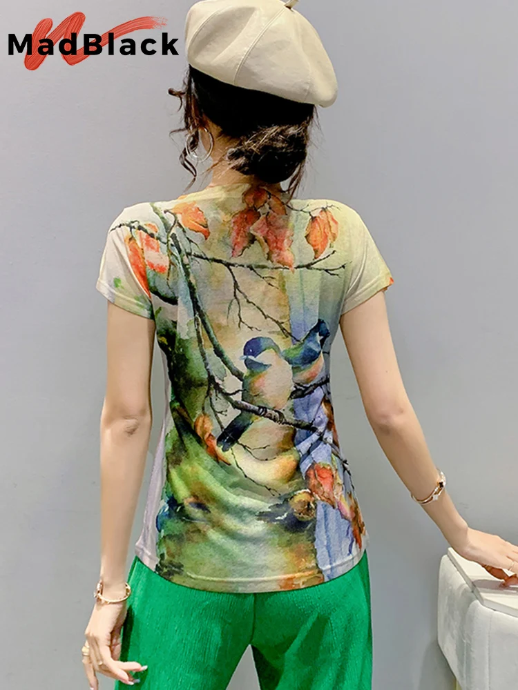 MadBlack Summer European Clothes T-Shirt Fashion Print Bird Elegant Women Tops Short Sleeve Street Casual Tees New Hot T26404L