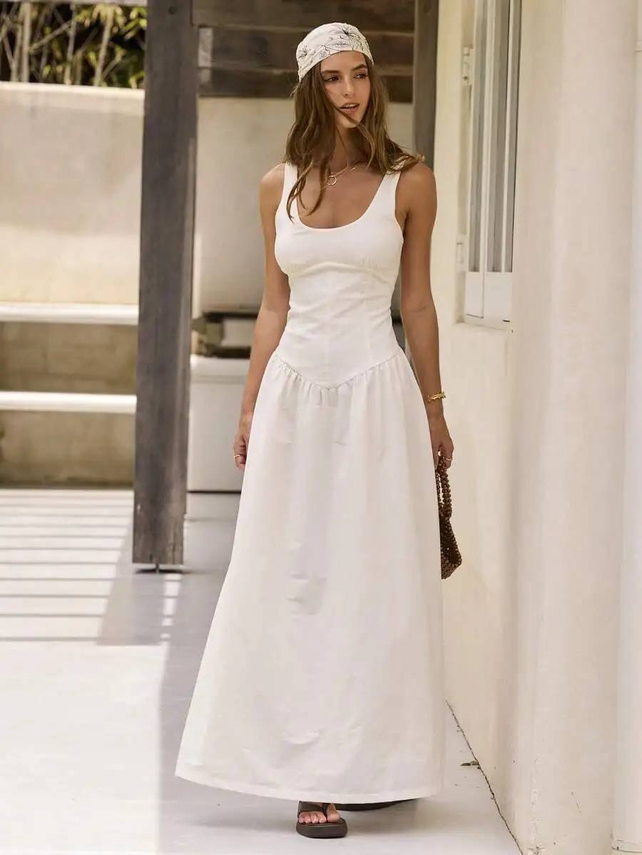 

Scoop Neck Corset Style Maxi Dress Flowy Long Dress For Summer Vacation Beach Casual Elegant