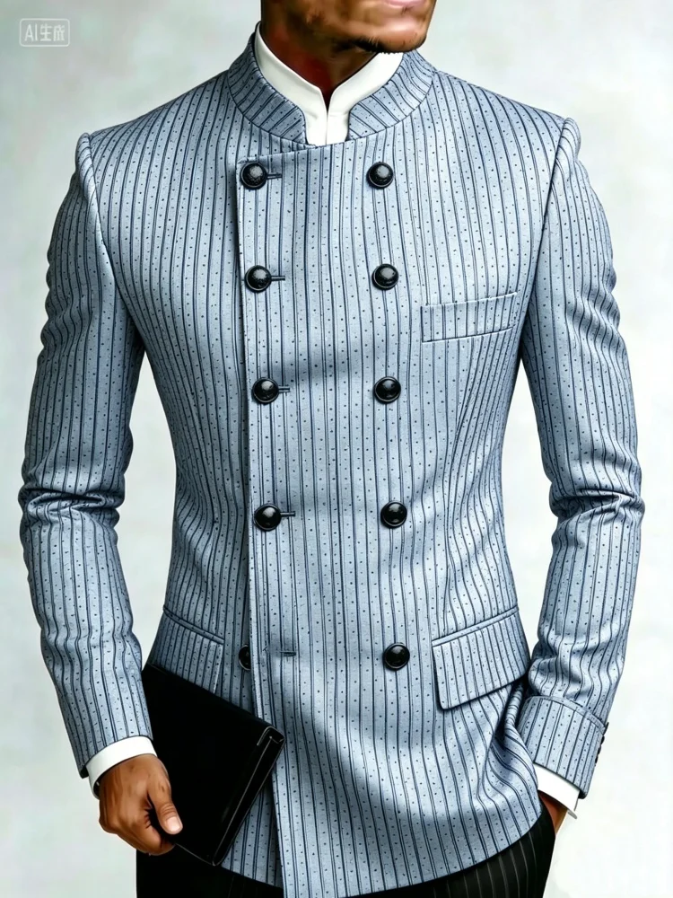 Mens Vintage Vertical Stripe Stand Collar Double Breasted Slim Fit Formal Blazer Gentleman Outfit