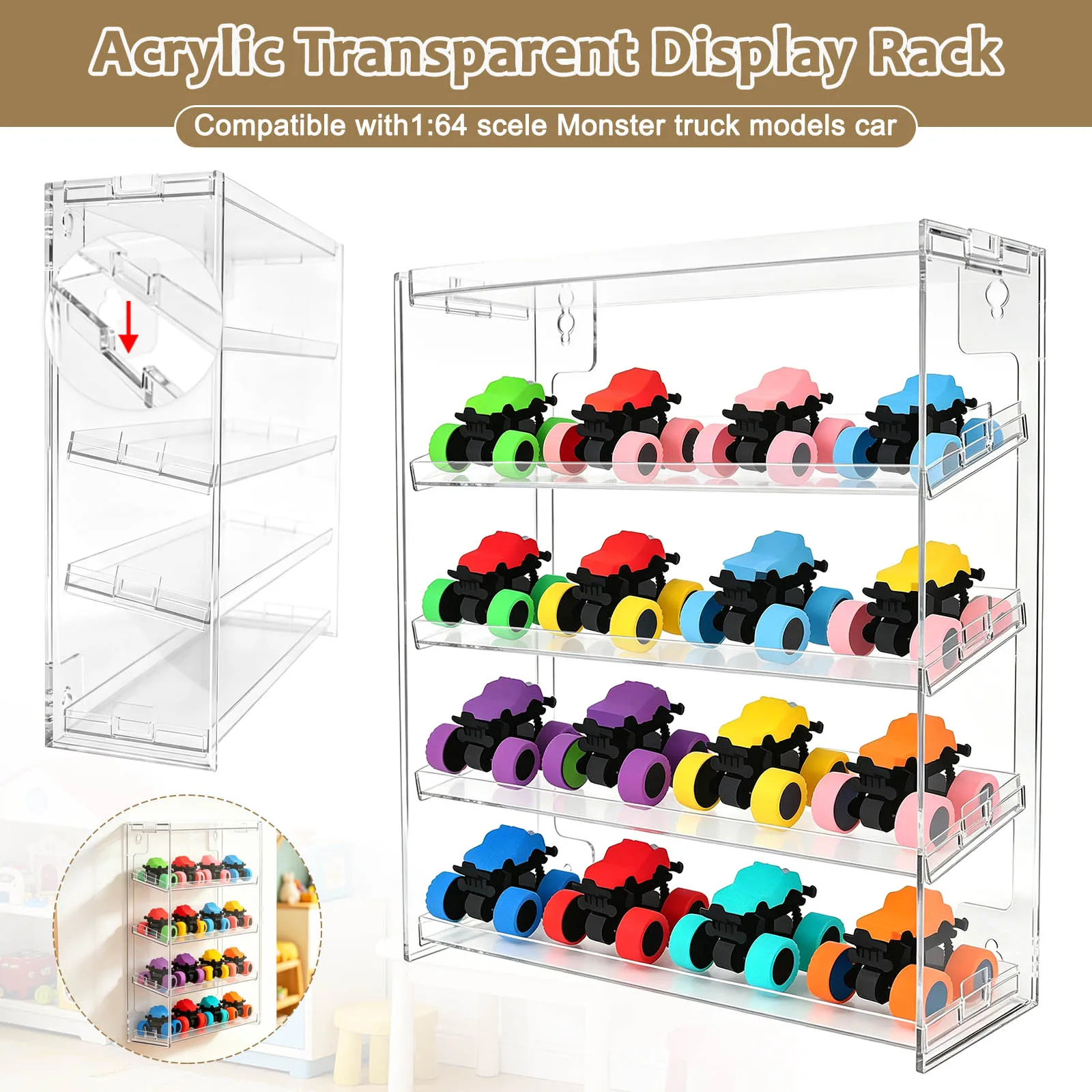 

Acrylic Storage Case 5 Tiers huge wheels 1:64 for monster truck cars Organizer with Tilted Design Display Case for Toy Trucks