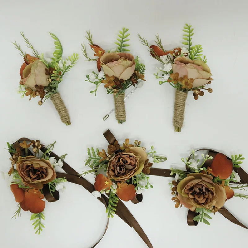 Boutonniere And Wrist Corsage Vintage Imitation Dried Flower Business Celebration Wedding Supplies Caramel 441