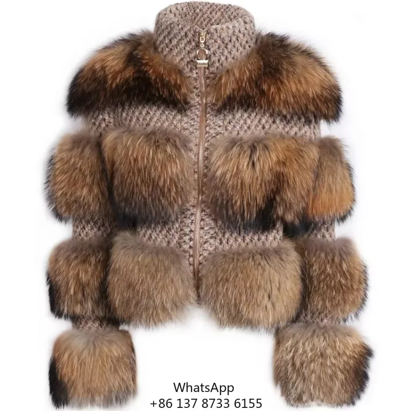 Wholesale Plus Size Jacket Coats Women High Collar Natural Raccoon Fur Jacket Coat