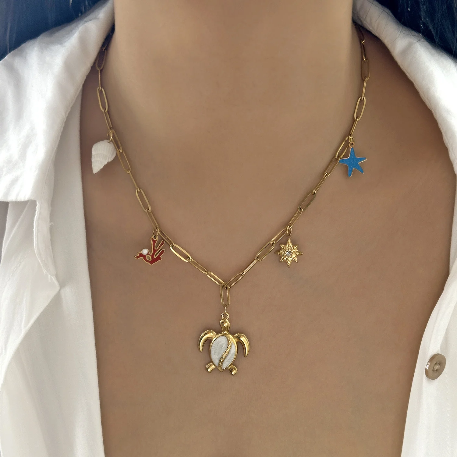 Mode Edelstahl Metall Conch Halsketten für Frauen Nette Shell Quaste Keramik Fisch Halsketten Party Täglichen Schmuck Geschenke – Detail 8