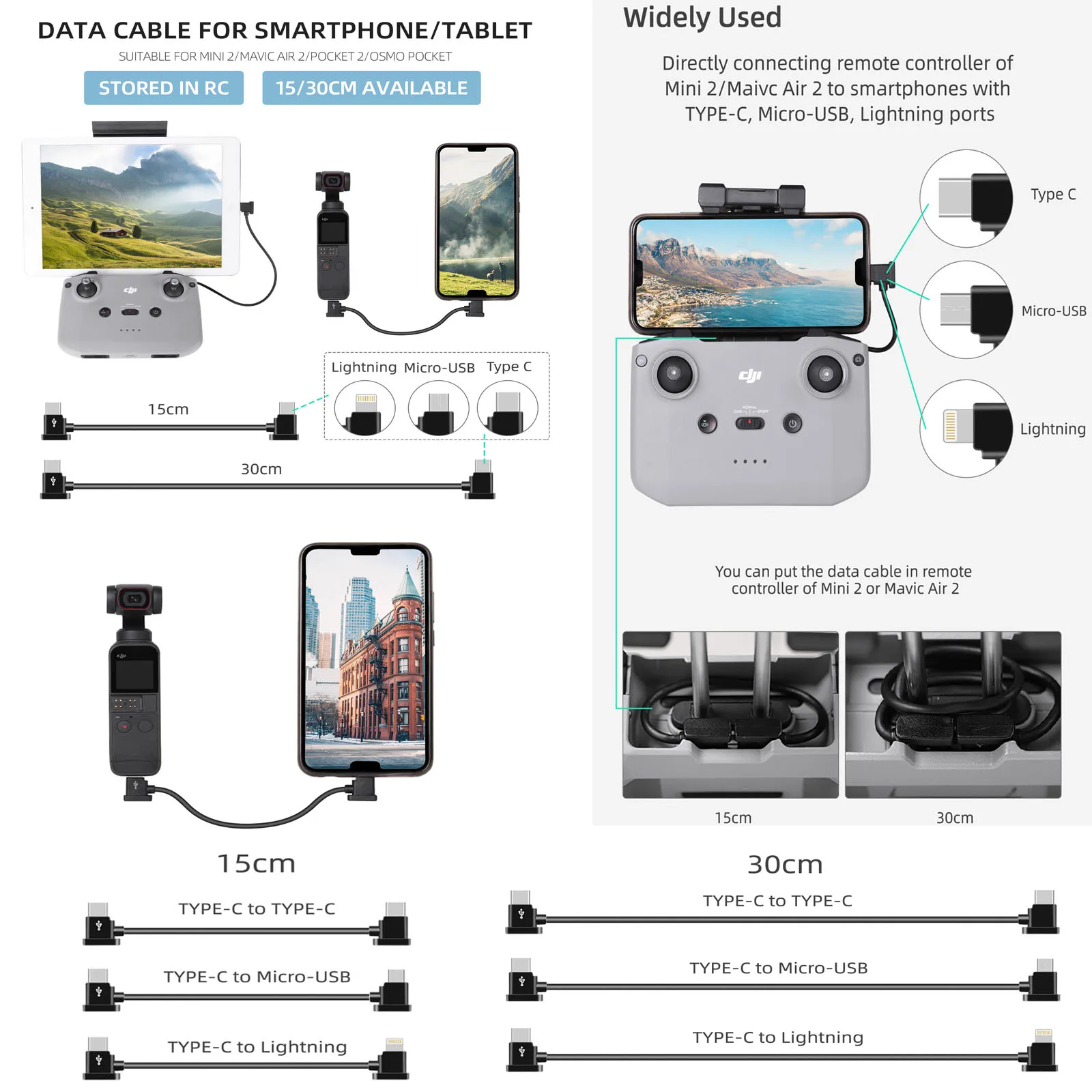 

15/30cm DJI Mini 3 Pro Insta360 Flow Data Cable TYPE-C to IOS/TYPE-C/USB Android Smartphone Tablet Line for FPV/Air 2S/MINI 2