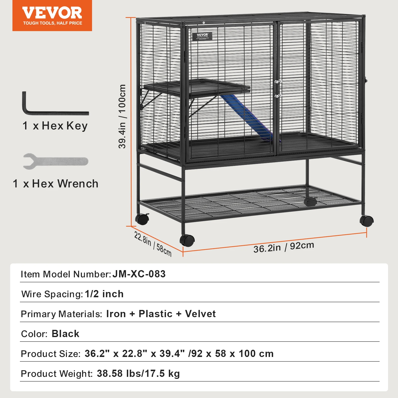 SucceBuy 64,6" rollende metalen fretkooi grote 4-laags Critter Nation Cage kleine dierenkooi voor ratten hamster cavia chinchilla