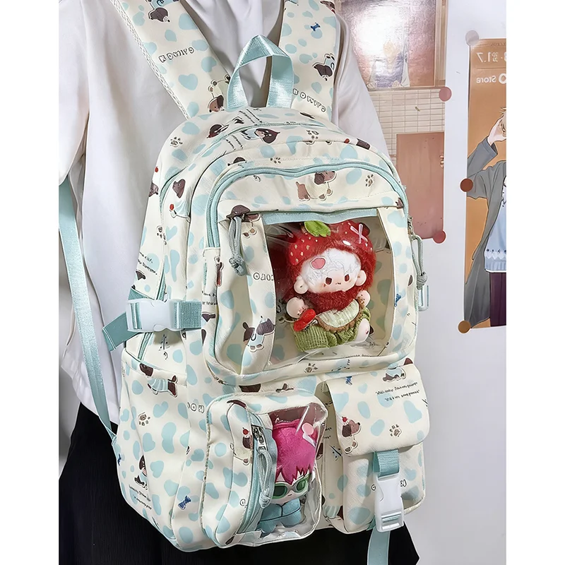 HAEX Kawaii Leopard Women Backpack 2025 Transparent Doll Show Ita Bags Female Large Capacity Students Commute Pockets Laptop Bag
